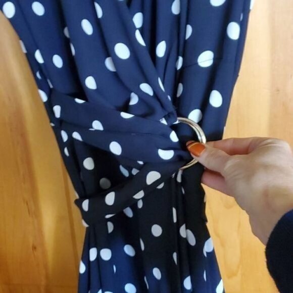 Joseph Ribkoff Wraparound Lined Midnight Blue Vanilla Polka Dot Sz 6 Cap Dress - Picture 3 of 11